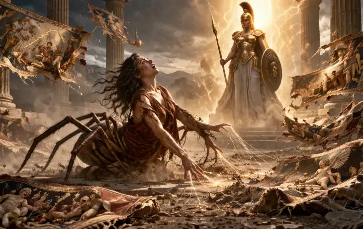 Athena’nın önünde Arakne’nin örümceğe dönüşmeye başladığı ve etrafında parçalanmış dokumaların bulunduğu sahne